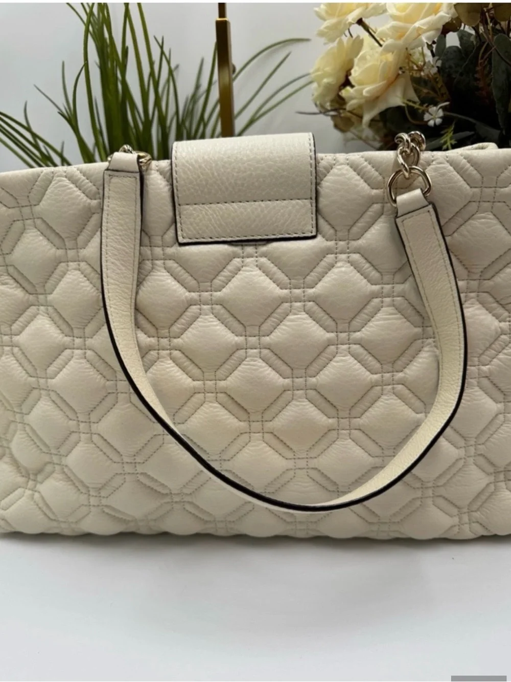 kate spade Cream Quilted Leather Shoulder Tote with Chain Straps